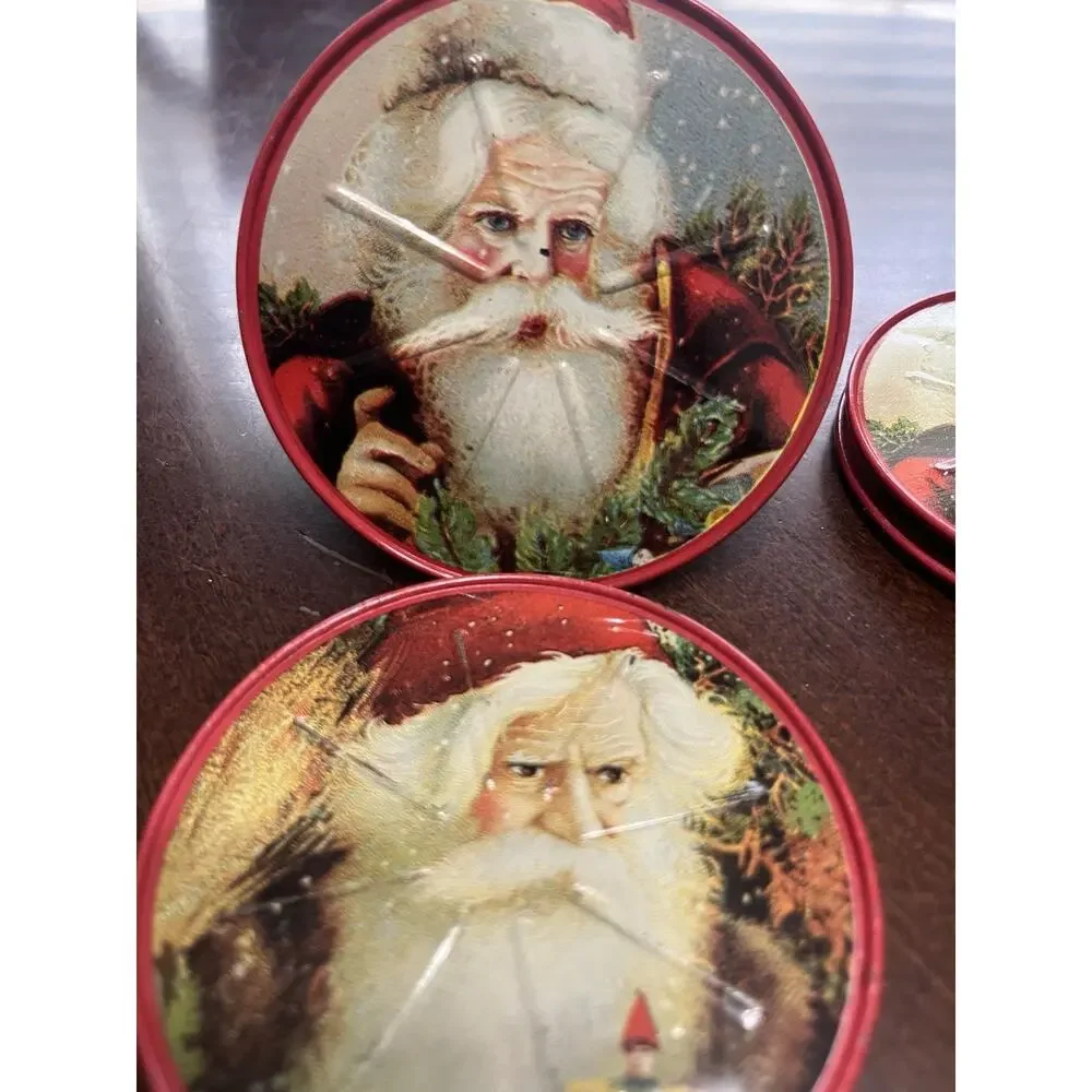 VTG 1986 Mrs. Grossman's 6 Pc Christmas Decor Santa Tin Coaster Set By Enesco